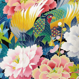 黒地の花鳥風月の手描き高級振袖